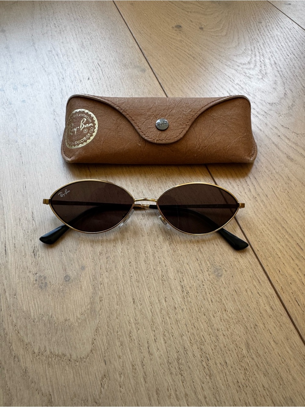 Ray-Ban Kai 56mm Oval Unisex Gold Frame Sunglasses with Brown Lenses - Picture 3 of 8